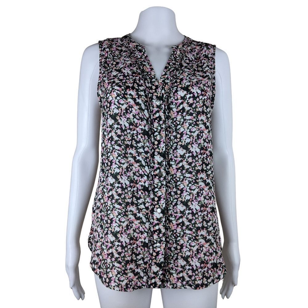 APT 9 XS Sleeveless Button Up V Neck Colorful Abstract Floral Art Office Blouse
